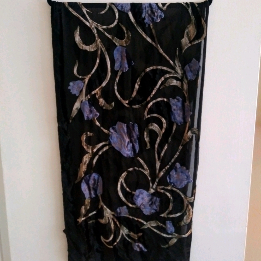 Deco style velvet and silk floral scarf shawl